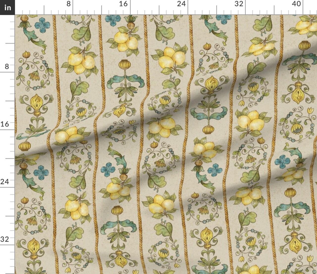 Yellow Teal Floral Gold Large Scale Hand Drawn Lemons Italian Florentine Botanical Fruit Directional Custom Printed Fabric by Spoonflower Various Fabrics by the Yard or Fat Quarter